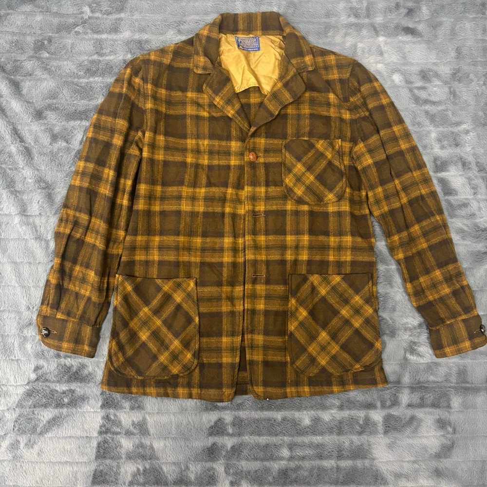 Vintage Pendleton Wool Plaid Chore Coat Mens Small Brown Gold Jacket 100% Wool